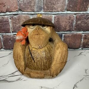 Vintage Coconut Monkey Coin Bank  Philippines Hand Carved  Kitschy Tiki Bar